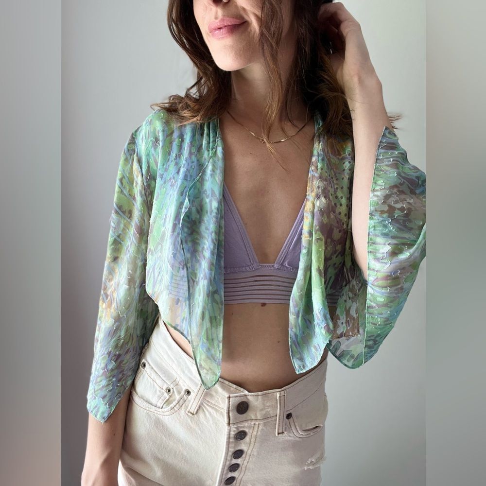 Vintage 90s Alex Evenings Petites Open Front Draped Multicolor Marbled Cardigan - Picture 11 of 11